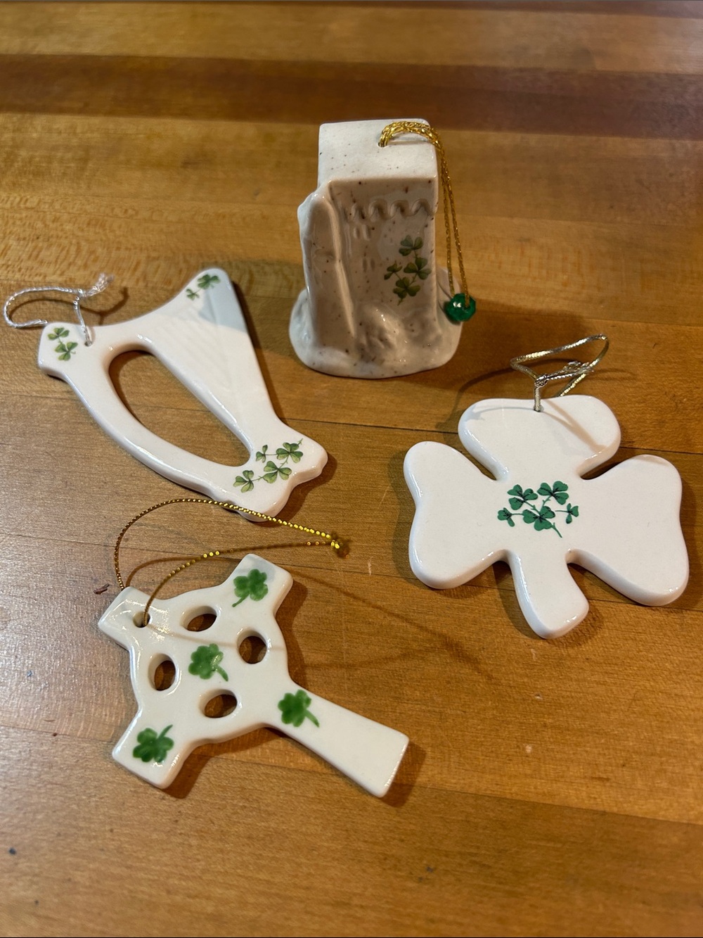 Hand-Painted White Ceramic Shamrock Holiday Ornaments